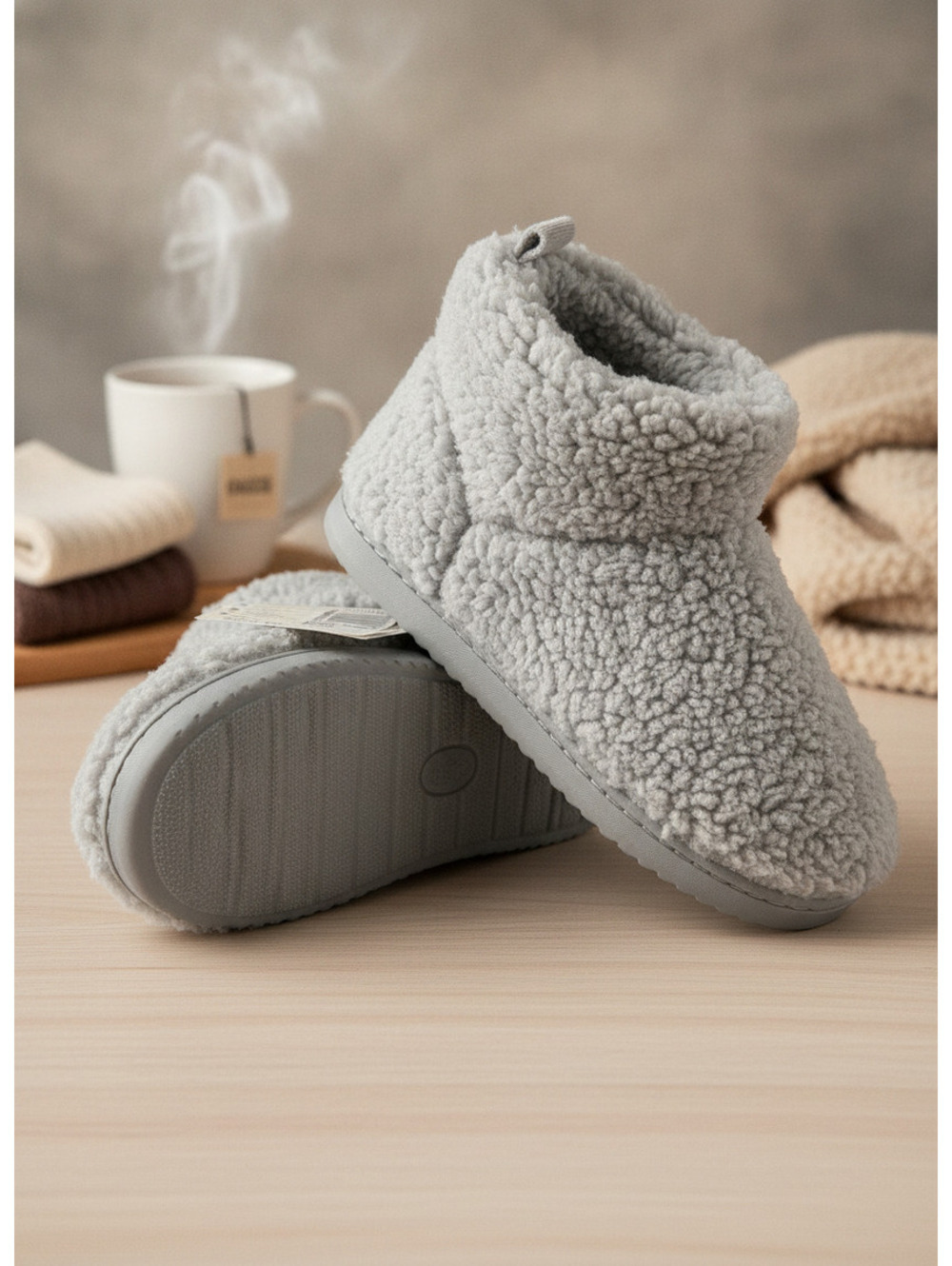 Dearfoams Cozy Mountain Memory Foam Gray Sherpa Bootie Slips